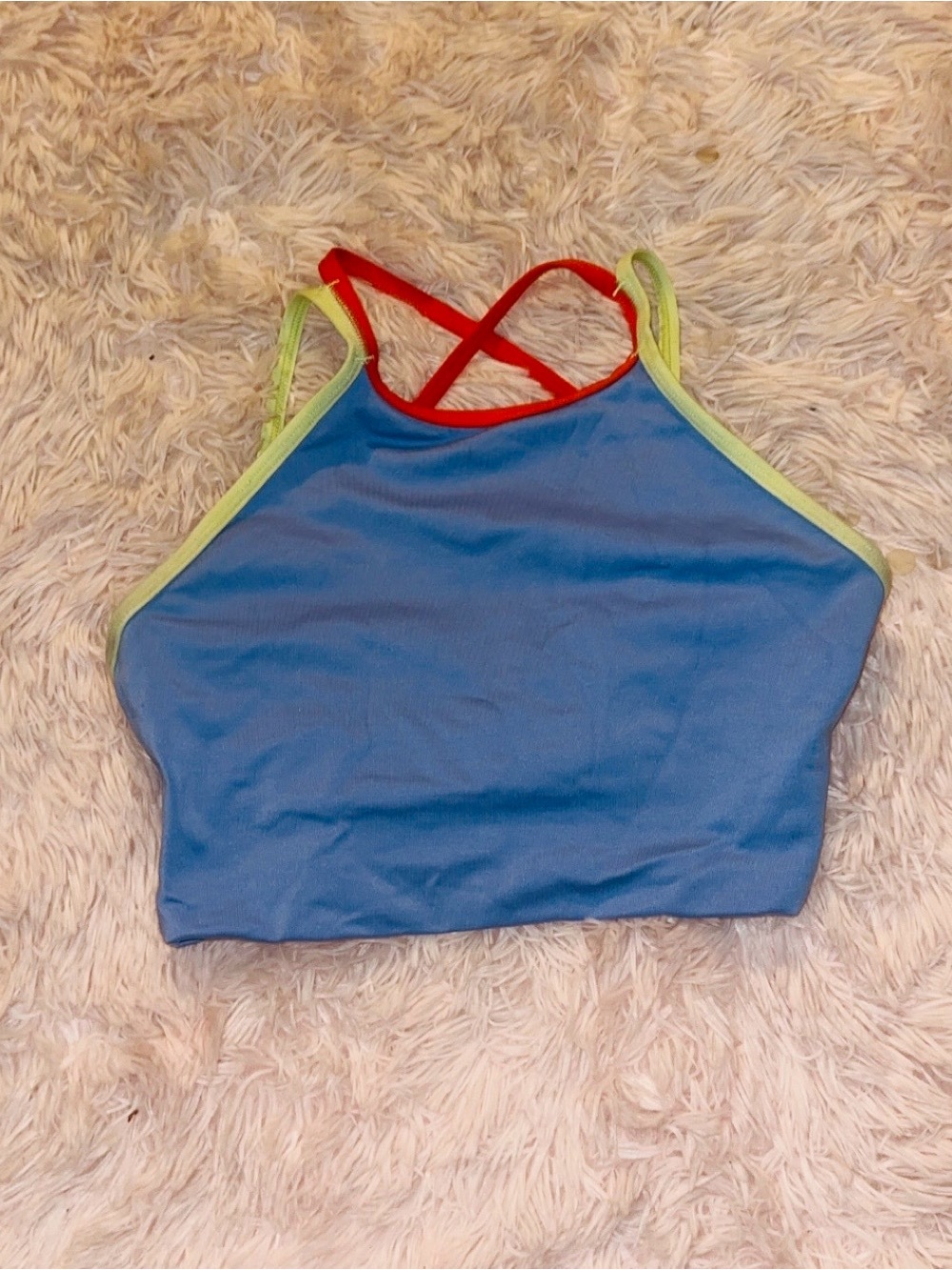 Jo and Jax Women’s Blue High-Neck Top with Lime Trim and Red Straps